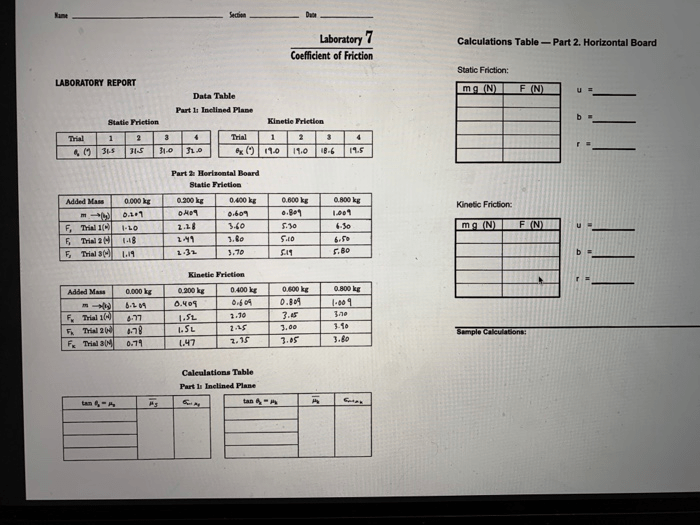 Laboratory 7 coefficient of friction answers