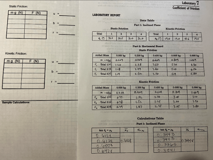 Laboratory 7 coefficient of friction answers